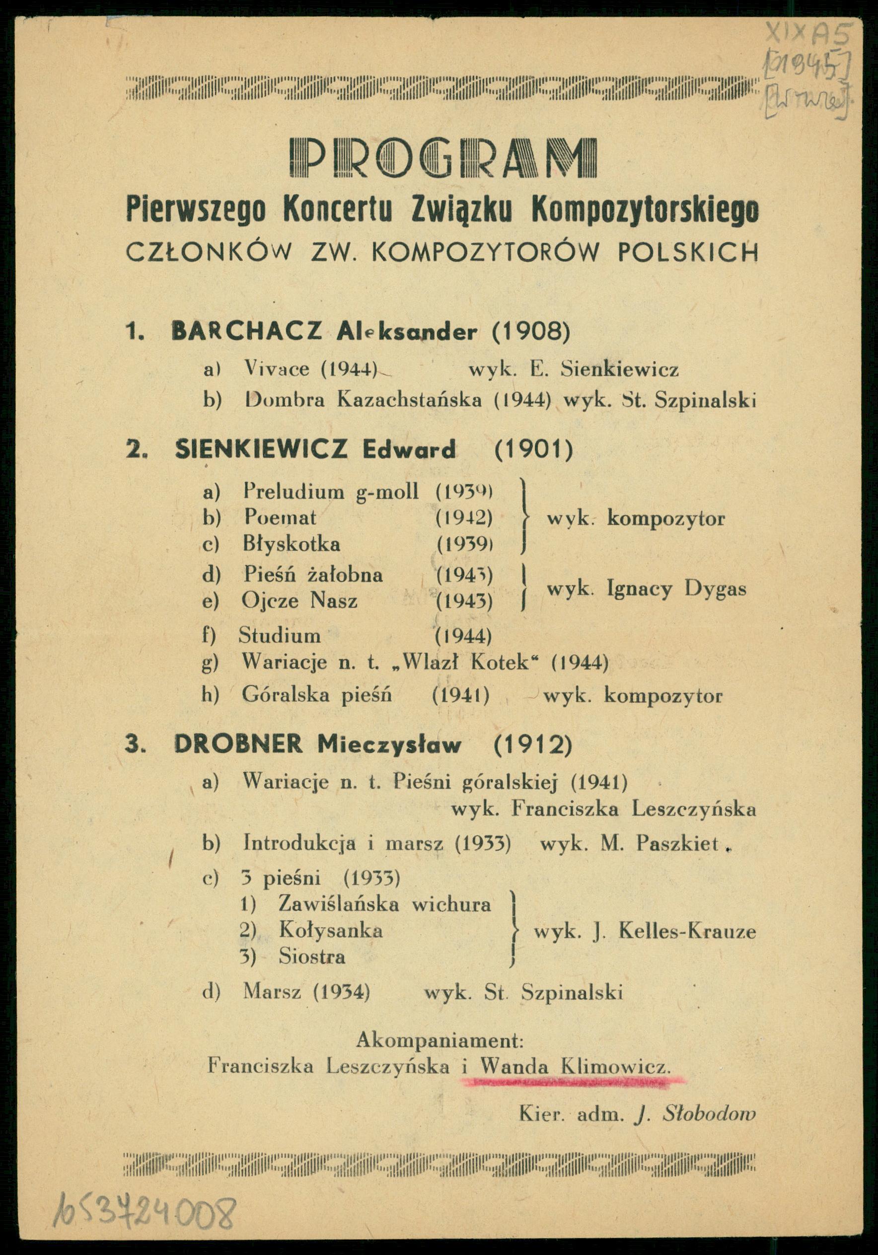 Program pierwszego koncertu Związku Kompozytorskiego członków Zw. Kompozytorów Polskich